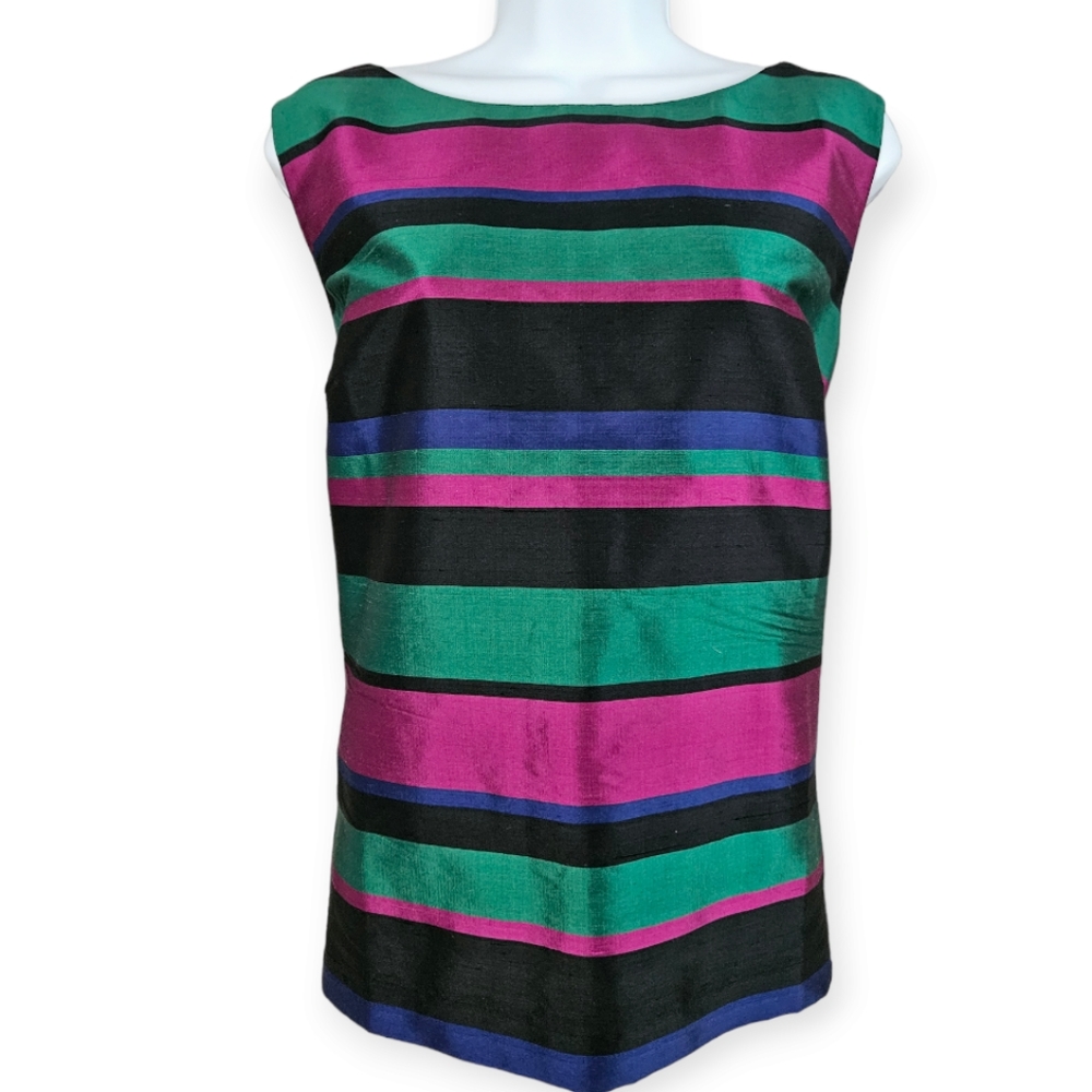 NWOT Talbots pink green purple & black striped 100% silk blouse top Womens 14